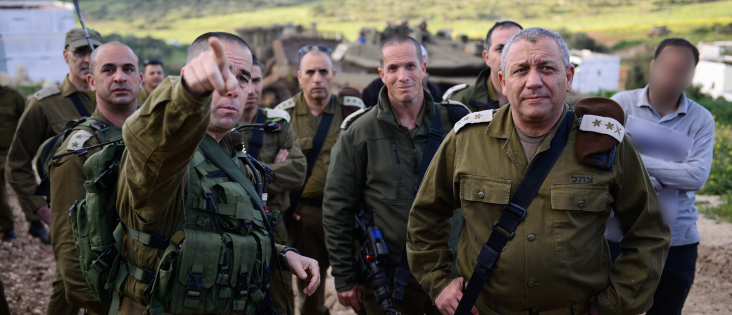 IDF Chief of Staff, Gabi Eizenkott seen with Israeli soldiers seen during a training drill in Beit Jalla, West Bank, reenacting a raid, on March 02, 2015. The IDF's central command called a  surprise training exercise in the West Bank to test reservists' alertness and to prepare for the possibility of a escalation of violence in the West Bank. Photo by Israel Army Spokesperson