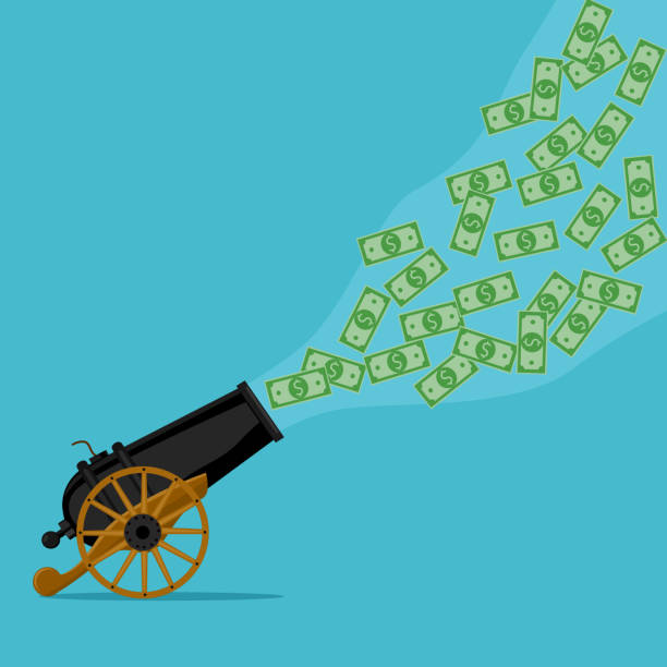 A cannon fires bullets as a banknote. Money flow concept. business vector illustration
